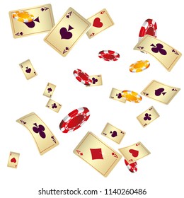 Casino Playing Cards and Chips are falling down. Vector illustration in vintage style.