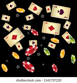Casino Playing Cards and Chips are falling down. Vector illustration in vintage style.