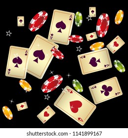 Casino Playing Cards and Chips are falling down. Vector illustration in vintage style.