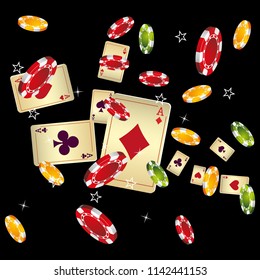 Casino Playing Cards and Chips are falling down. Vector illustration in vintage style.