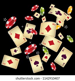 Casino Playing Cards and Chips are falling down. Vector illustration in vintage style.