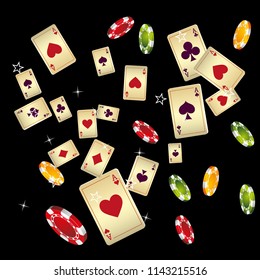 Casino Playing Cards and Chips are falling down. Vector illustration in vintage style.