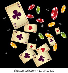 Casino Playing Cards and Chips are falling down. Vector illustration in vintage style.