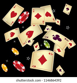 Casino Playing Cards and Chips are falling down. Vector illustration in vintage style.