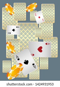 Casino Playing Cards and Casino Chips are falling down. Pattern for ads of parties, events in Vegas. Vector illustration