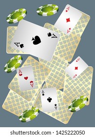 Casino Playing Cards and Casino Chips are falling down. Pattern for ads of parties, events in Vegas. Vector illustration