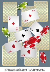 Casino Playing Cards and Casino Chips are falling down. Pattern for ads of parties, events in Vegas. Vector illustration