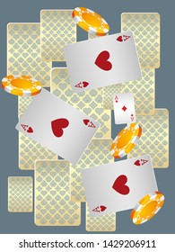 Casino Playing Cards and Casino Chips are falling down. Pattern for ads of parties, events in Vegas. Vector illustration