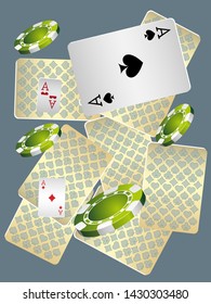 Casino Playing Cards and Casino Chips are falling down. Pattern for ads of parties, events in Vegas. Vector illustration