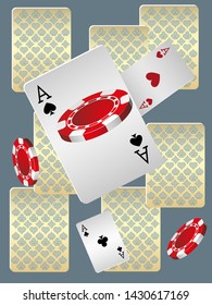 Casino Playing Cards and Casino Chips are falling down. Pattern for ads of parties, events in Vegas. Vector illustration