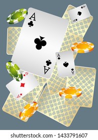 Casino Playing Cards and Casino Chips are falling down. Pattern for ads of parties, events in Vegas. Vector illustration