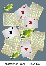 Casino Playing Cards and Casino Chips are falling down. Pattern for ads of parties, events in Vegas. Vector illustration