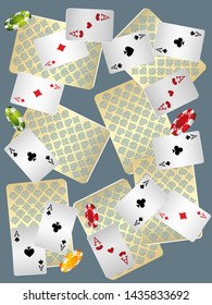 Casino Playing Cards and Casino Chips are falling down. Pattern for ads of parties, events in Vegas. Vector illustration