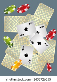 Casino Playing Cards and Casino Chips are falling down. Pattern for ads of parties, events in Vegas. Vector illustration