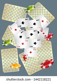 Casino Playing Cards and Casino Chips are falling down. Pattern for ads of parties, events in Vegas. Vector illustration