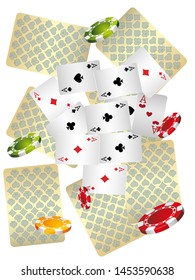 Casino Playing Cards and Casino Chips are falling down. Pattern for ads of parties, events in Vegas. Vector illustration