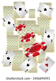 Casino Playing Cards and Casino Chips are falling down. Pattern for ads of parties, events in Vegas. Vector illustration