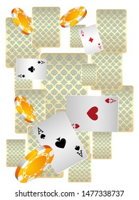 Casino Playing Cards and Casino Chips are falling down. Pattern for ads of parties, events in Vegas. Vector illustration