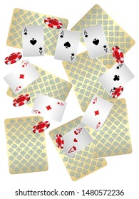 Casino Playing Cards and Casino Chips are falling down. Pattern for ads of parties, events in Vegas. Vector illustration