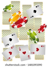 Casino Playing Cards and Casino Chips are falling down. Pattern for ads of parties, events in Vegas. Vector illustration