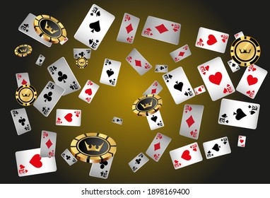 Casino Playing Cards and Playing Chips are falling down. Vector illustration