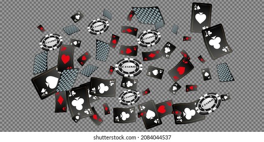 Las Tarjetas de Jugar Casino y los Chips de Casino se están cayendo. Llueven las tarjetas de juego. Patrón para anuncios de fiestas, eventos en Las Vegas. Ilustración del vector