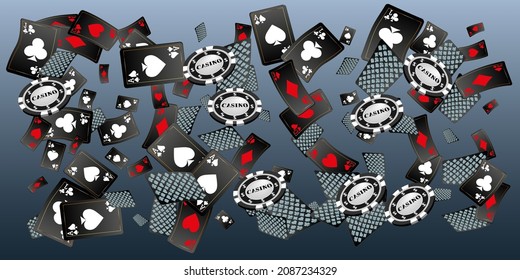 Casino Playing Cards and Casino Chips are falling down. Playing Cards and Casino Chips rain. Pattern for ads of parties, events in Vegas. Vector illustration