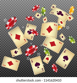 Casino Playing Cards and Chips on transparent background. Vector illustration in celtic style.