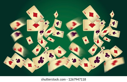 Casino Playing Cards are falling down. Vector illustration in vintage style.