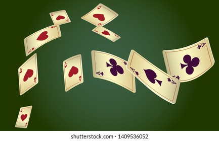Casino Playing Cards are falling down. Playing Cards rain. Pattern for ads of parties, events in Vegas. Vector illustration. Vector illustration in vintage style.