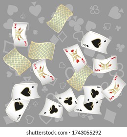 Las tarjetas de juego del Casino se están cayendo. Llueven las tarjetas de juego. Patrón para anuncios de fiestas, eventos en Las Vegas. Ilustración del vector