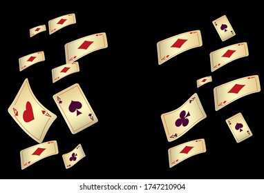 Casino Playing Cards are falling down. Playing Cards rain. Pattern for ads of parties, events in Vegas. Vector illustration in vintage style.