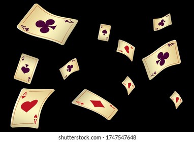 Casino Playing Cards are falling down. Playing Cards rain. Pattern for ads of parties, events in Vegas. Vector illustration in vintage style.