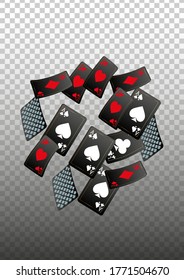 Casino Playing Cards are falling down. Playing Cards rain. Pattern for ads of parties, events in Vegas. Vector illustration in vintage style.