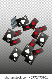 Casino Playing Cards are falling down. Playing Cards rain. Pattern for ads of parties, events in Vegas. Vector illustration in vintage style.