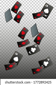 Casino Playing Cards are falling down. Playing Cards rain. Pattern for ads of parties, events in Vegas. Vector illustration in vintage style.