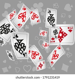 Casino Playing Cards are falling down. Playing Cards rain. Pattern for ads of parties, events in Vegas. Vector illustration in celtic style.