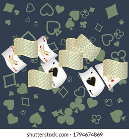 Las tarjetas de juego del Casino se están cayendo. Llueven las tarjetas de juego. Patrón para anuncios de fiestas, eventos en Las Vegas.