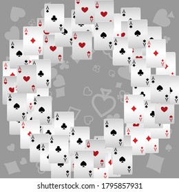Las tarjetas de juego del Casino se están cayendo. Llueven las tarjetas de juego. Patrón para anuncios de fiestas, eventos en Las Vegas.