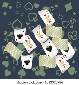Las tarjetas de juego del Casino se están cayendo. Llueven las tarjetas de juego. Patrón para anuncios de fiestas, eventos en Las Vegas. 