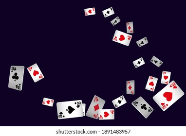 Casino Playing Cards are falling down on black background. Playing Chips rain. Vector illustration
