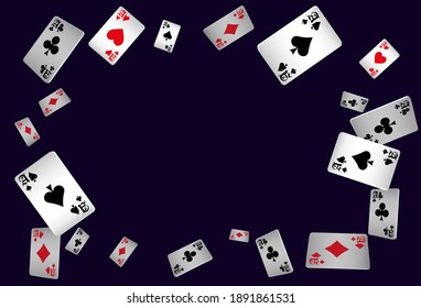 Casino Playing Cards are falling down on black background. Playing Chips rain. Vector illustration