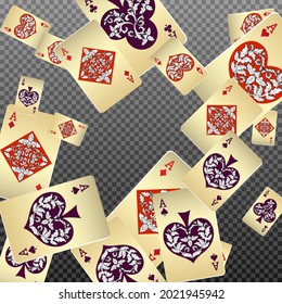 Las tarjetas de juego del Casino se están cayendo. Llueven las tarjetas de juego. Patrón para anuncios de fiestas, eventos en Las Vegas. Ilustración vectorial en estilo vintage.