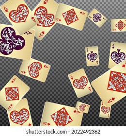 Las tarjetas de juego del Casino se están cayendo. Llueven las tarjetas de juego. Patrón para anuncios de fiestas, eventos en Las Vegas. Ilustración vectorial en estilo vintage.