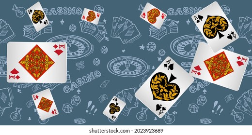 Casino Playing Cards are falling down. Playing Cards rain. Pattern for ads of parties, events in Vegas. Vector illustration in vintage style.