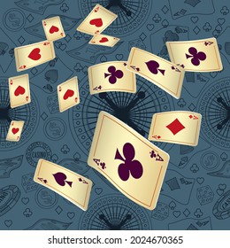 Las tarjetas de juego del Casino se están cayendo. Llueven las tarjetas de juego. Patrón para anuncios de fiestas, eventos en Las Vegas. Ilustración vectorial en estilo vintage.