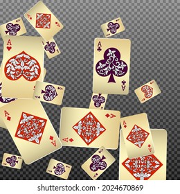 Casino Spielkarten fallen ab. Kartenspielen regnen. Muster für Werbung für Partys, Events in Vegas. Vektorgrafik im Vintage-Stil.