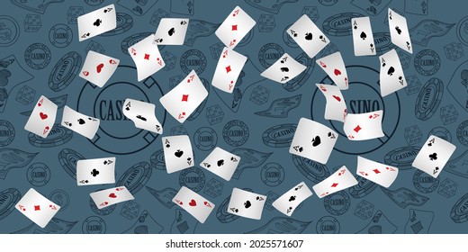 Casino Playing Cards are falling down. Playing Cards rain. Pattern for ads of parties, events in Vegas. Vector illustration 