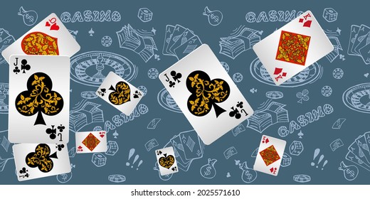 Casino Playing Cards are falling down. Playing Cards rain. Pattern for ads of parties, events in Vegas. Vector illustration in vintage style.
