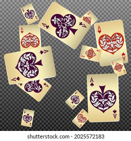 Casino Playing Cards are falling down. Playing Cards rain. Pattern for ads of parties, events in Vegas. Vector illustration in vintage style.